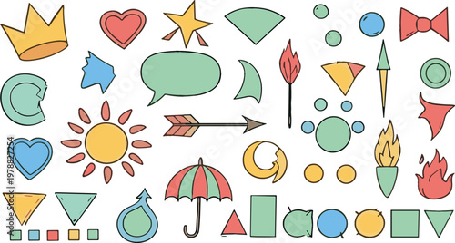 Set of Colorful Vector Illustrations Featuring Fun and Playful Shapes, Including Hearts, Stars, Arrows, Sun, Umbrella, and Geometric Figures