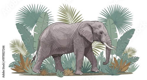 Gray elephant standing in tropical foliage.