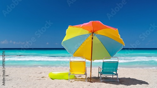 Colorful Beach Umbrella Shades Empty Chairs by the Ocean on a Sunny Day