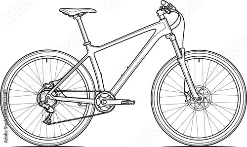 Minimalist outline of a modern mountain bicycle featuring thin black lines on a plain background for creative projects that require clean and simple vector illustrations