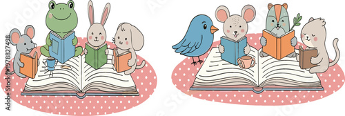 Set of Cute Vector Animals Including Frog, Rabbit, Mouse, and Cat Reading Books Together on an Open Book with a Polka Dot Background