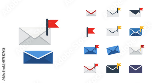Set of email envelope icons with flags.