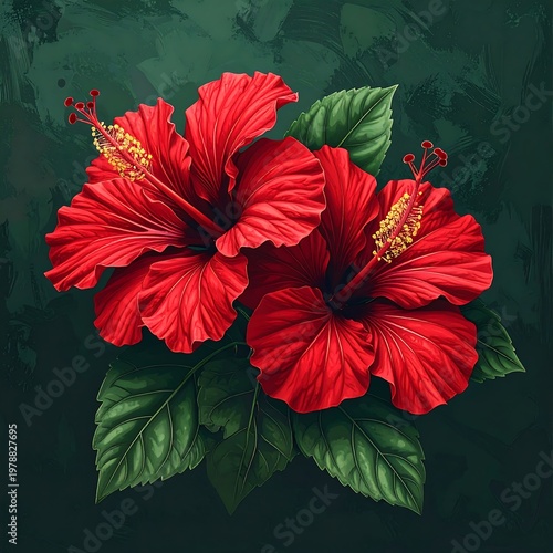 Vibrant image of two red tropical blooms with delicate yellow stamens and deep green foliage against a textured background