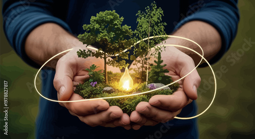 Cupped hands tenderly cradle a vibrant miniature natural ecosystem, featuring lush green trees, moss, and a glowing light, symbolizing environmental care, energy, and sustainable growth.