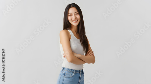 Stylish Southeast Asian Woman in Denim Jeans and Sleeveless Top Isolated on Neutral Background