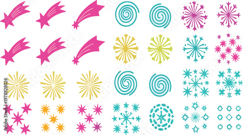 Set of Fun and Colorful Vector Elements Including Stars, Fireworks, Spirals, and Snowflakes in Pink, Yellow, and Teal Colors