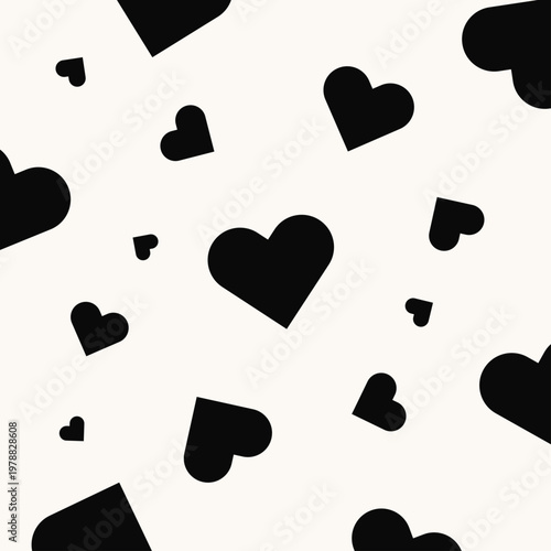 Seamless Black Heart Pattern on Light Background, Minimal Love Valentine Abstract Design, Vecotr Illutration.