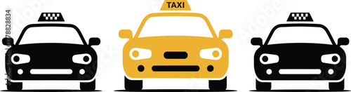 Taxi service icon set, vector collection of taxi car symbols taxicab signs and taxi calling service icons for transport booking and urban mobility design.