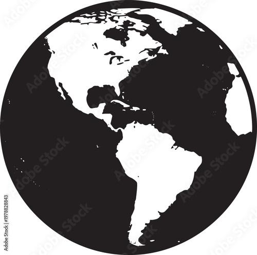 Black and white illustration of a globe showing the western hemisphere  Americas and part of Antarctica  in white on a black background
