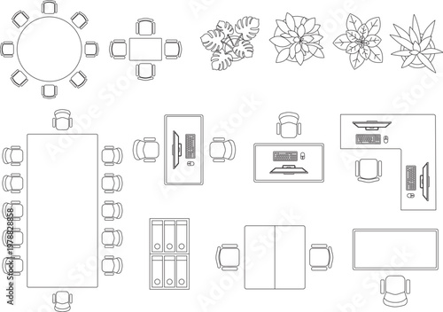 Top view office furniture symbols set. computers, desks, chairs, cubicles, plants in architectural CAD style.