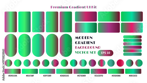 Premium gradient UI kit with green and magenta color swatches, modern gradient background vector set, vibrant web design elements for interface
