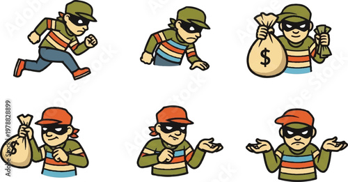 Cartoon thief illustrations in various poses and actions