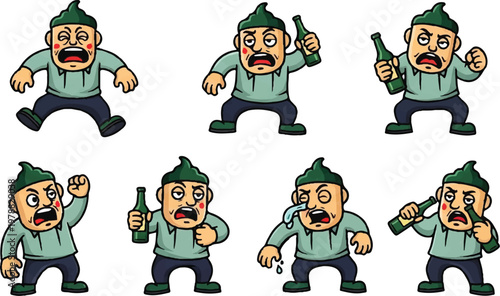 Cartoon characters demonstrating various emotions with beverage bottles