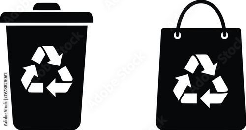 Recycle bin and bag icons with recycling, circular vector illustration.