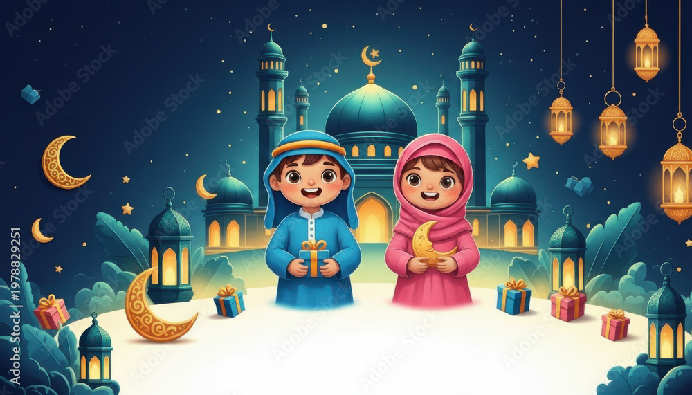 Naklejka premium Festive Eid Mubarak greeting card with cute cartoon kids, Islamic mosque, and decorative lanterns