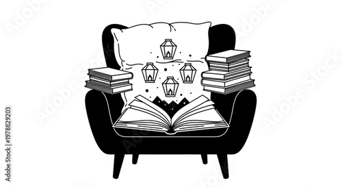 Cozy reading nook with books and lanterns.