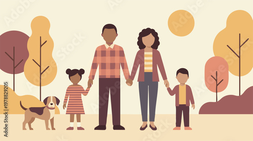 Happy diverse family with two children and dog holding hands in a park