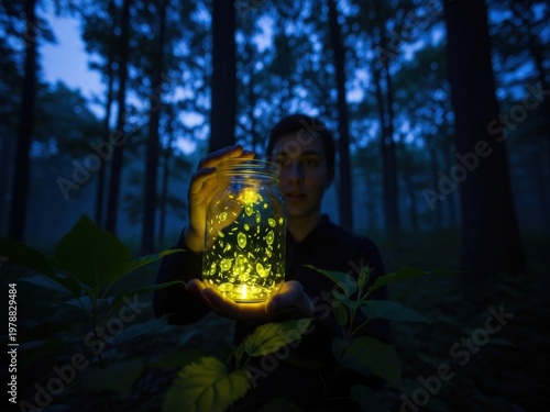 A person holds a jar filled with glowing fireflies in a dark forest at twilight, creating a magical yellow glow against the deep blue woods.