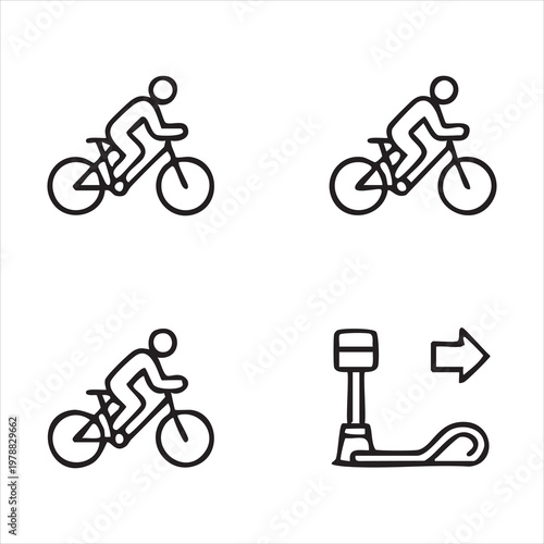 Set of male cyclist riding a bicycle and a scooter with arrow icon vector illustration
