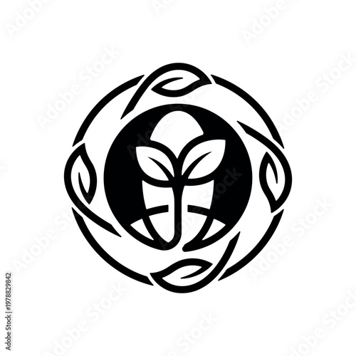 Circular logo with earth and leaves forming a protective wreath