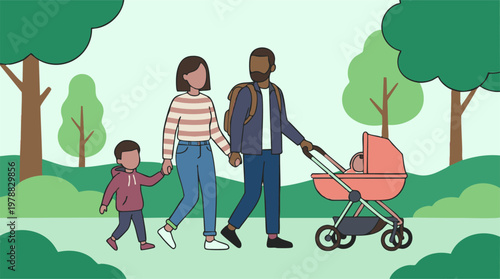 Happy diverse family with two children walking in a green park