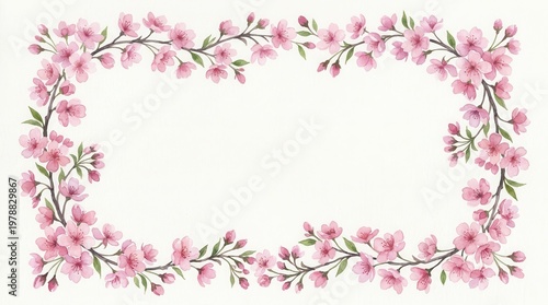 Cherry blossom watercolor frame with pink sakura flowers on white background for spring floral greeting card design