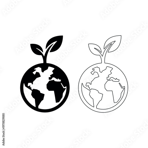 Earth globe with sprouting plant in solid and outline styles