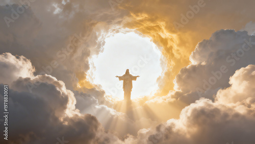 Ascension of Jesus Christ into Heavenly Light and Golden Clouds