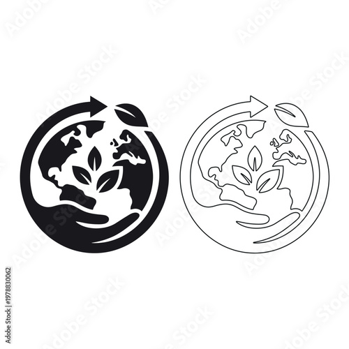 Earth globe with hand, leaves and recycling arrows in solid and outline