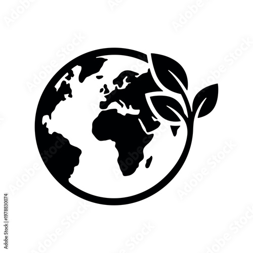 Black silhouette of Earth globe with sprouting plant