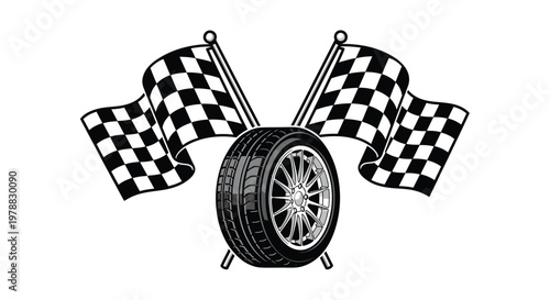 A black and white illustration depicts racing flags waving above a detailed tire and wheel