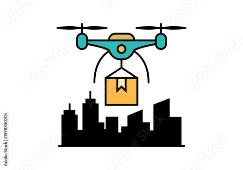 Dron de transporte entregando un paquete sobre el horizonte de una ciudad con rascacielos