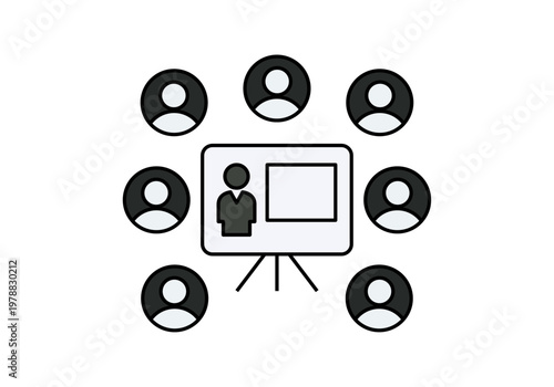 Reunión de equipo en torno a una pantalla de presentación con avatares de personas