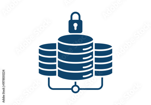Servidores de base de datos interconectados con un candado de seguridad en la parte superior en color azul oscuro