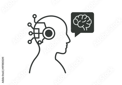 Perfil de cabeza humana con circuitos electrónicos y burbuja de diálogo con cerebro representando inteligencia artificial