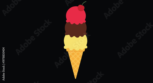 A colorful illustration depicts a three scoop ice cream cone against a stark black background