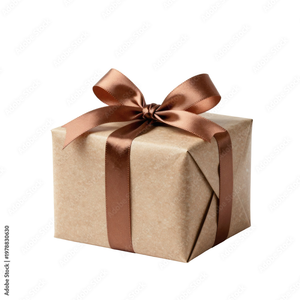 Obraz premium Brown ribbon tied around a textured tan paper gift box for a celebration