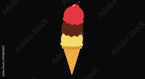 A vibrant stylized illustration depicts a towering three scoop ice cream cone against a black backdrop
