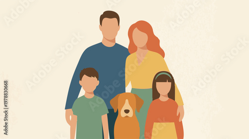 Modern illustration of a family with two kids and a pet dog