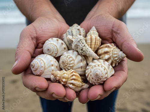 Cupped hands hold a diverse collection of beige and white seashells and a piece of coral against a blurred beach background.