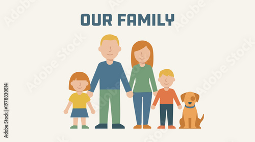 Minimalist illustration of a happy family with two children and a pet dog