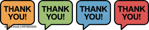 Thank you speech bubble icon set, vector illustration of thank you text bubbles banners and appreciation symbols for greeting cards and communication design.