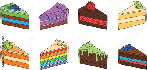  Colorful cake slices vector set featuring chocolate, fruit, and layered desserts in cute cartoon style isolated illustration