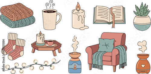 Cozy home elements vector set with armchair, candles, coffee, books, and decor items in warm hygge lifestyle illustration