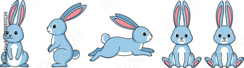 Cute bunny rabbit vector set showing different poses including sitting, standing, and jumping cartoon rabbits isolated on white background