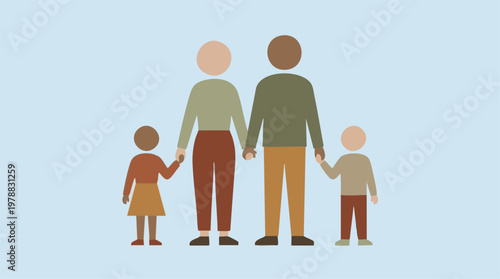 Diverse family of four holding hands, minimalist vector illustration
