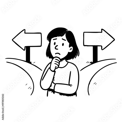 A cartoon woman stands at a crossroads, looking confused and uncertain