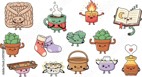 Cute cozy hygge cartoon characters vector set with plants, tea, fire, books, and warm home elements illustration