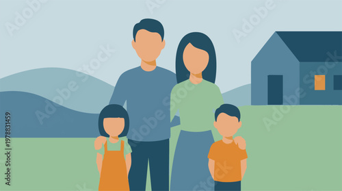 Minimalist illustration of a family with two children and their home