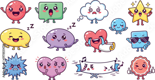 Cute emoji cartoon characters vector set with funny faces, emotions, expressions, and colorful kawaii icons in playful style